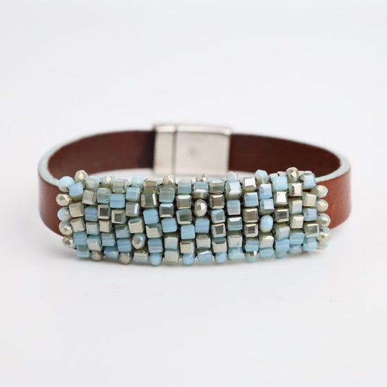 Load image into Gallery viewer, BRC-JM Hand Stitched Light Turquoise Cube Crystals on Leather Bracelet
