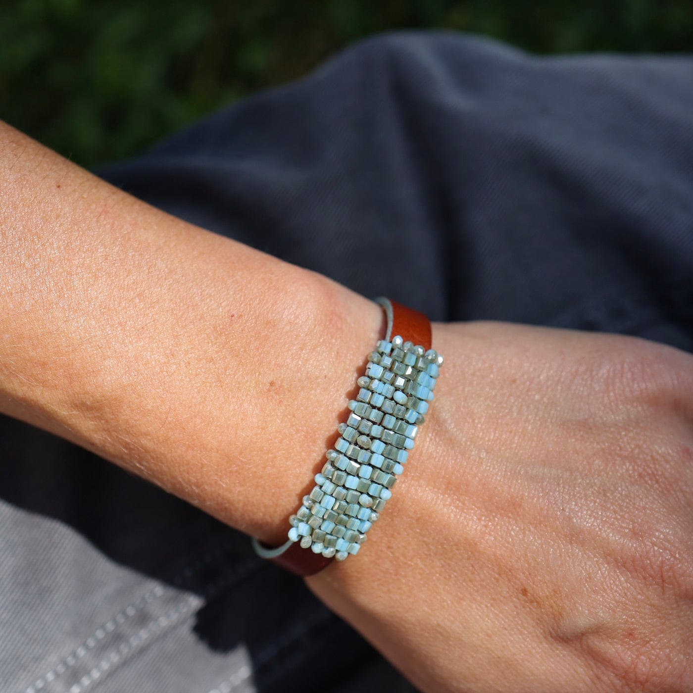 BRC-JM Hand Stitched Light Turquoise Cube Crystals on Leather Bracelet