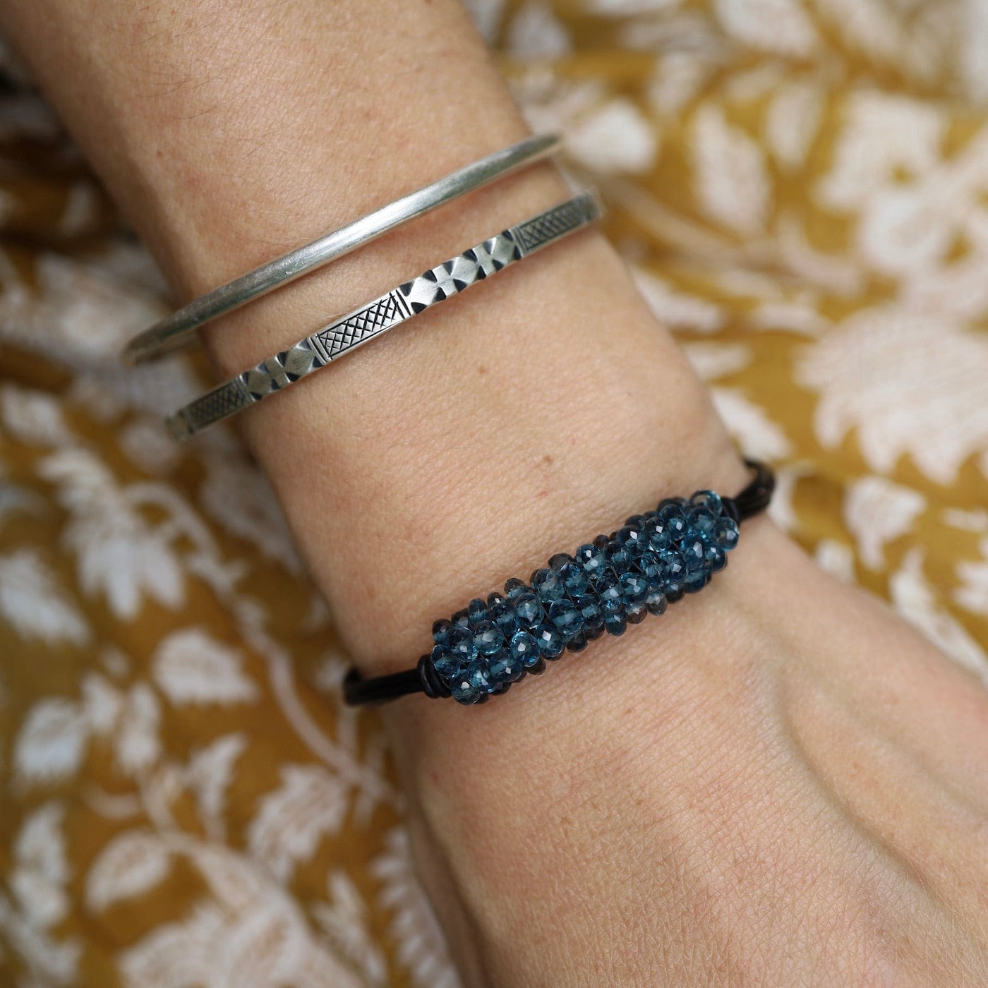 BRC-JM Hand Stitched London Blue Topaz Black Leather Bracelet