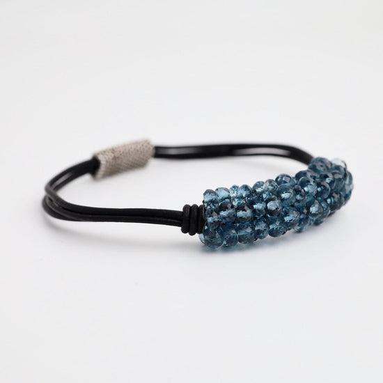 BRC-JM Hand Stitched London Blue Topaz Black Leather Bracelet