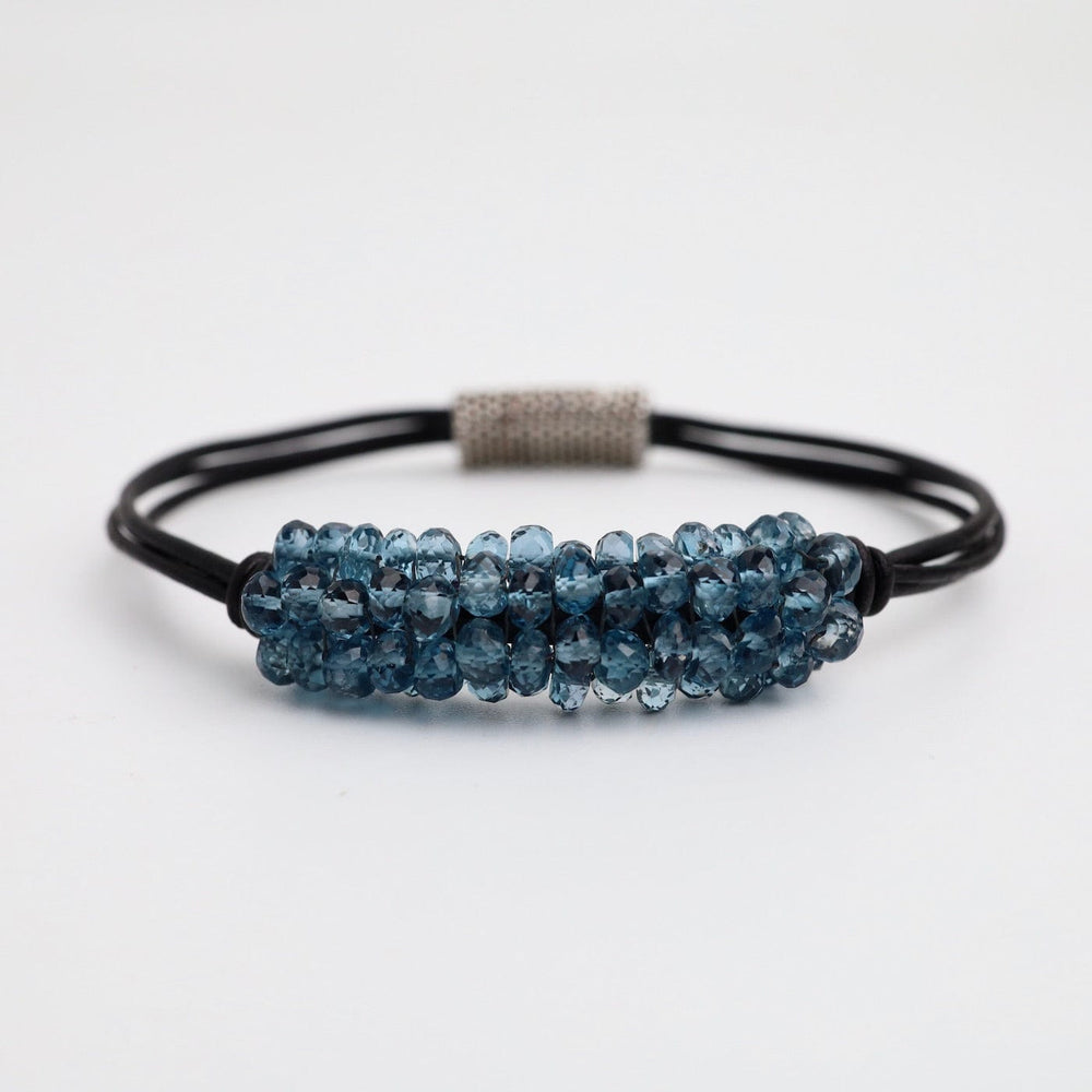 BRC-JM Hand Stitched London Blue Topaz Black Leather Bracelet