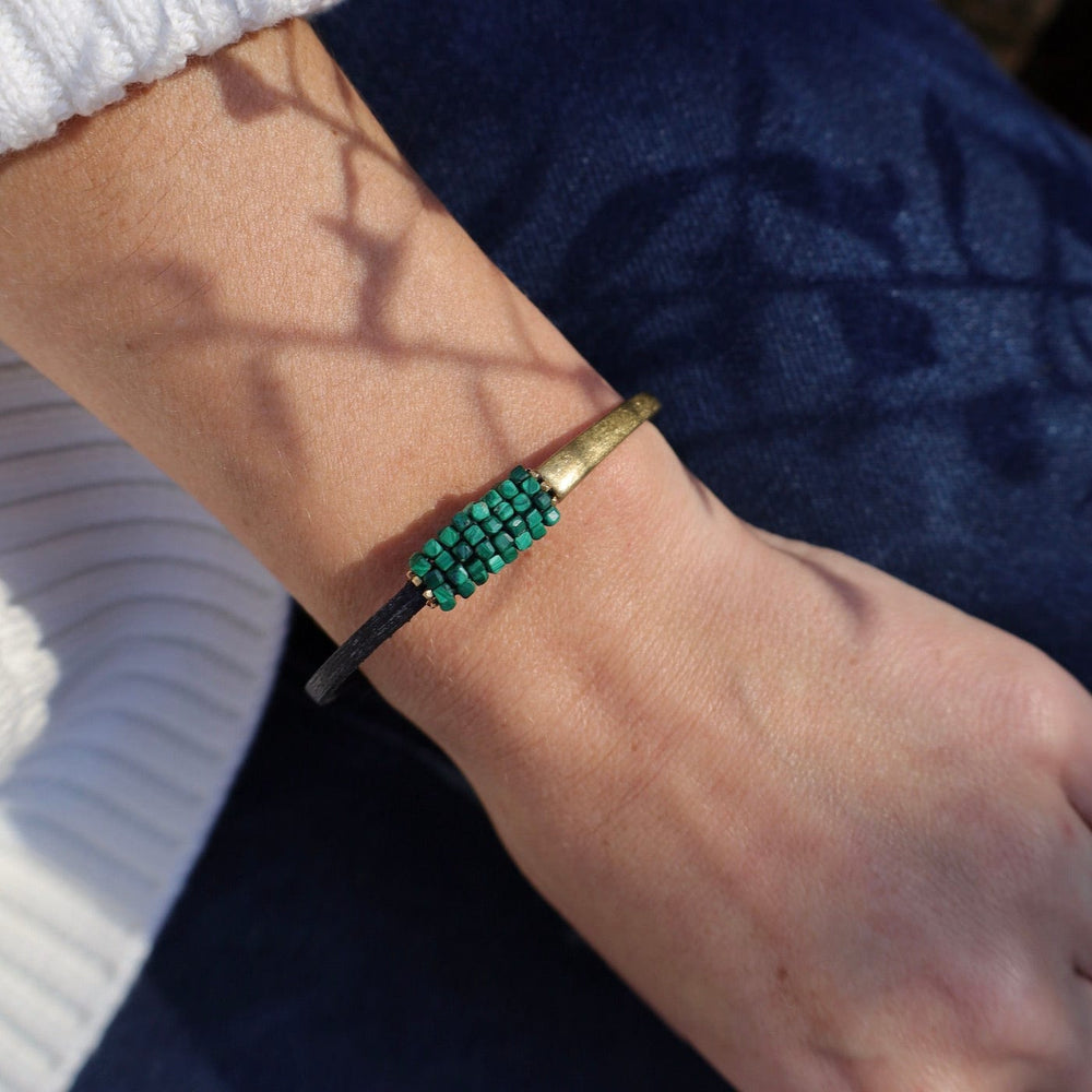 BRC-JM Hand Stitched Malachite Cubes Half Cuff Bracelet