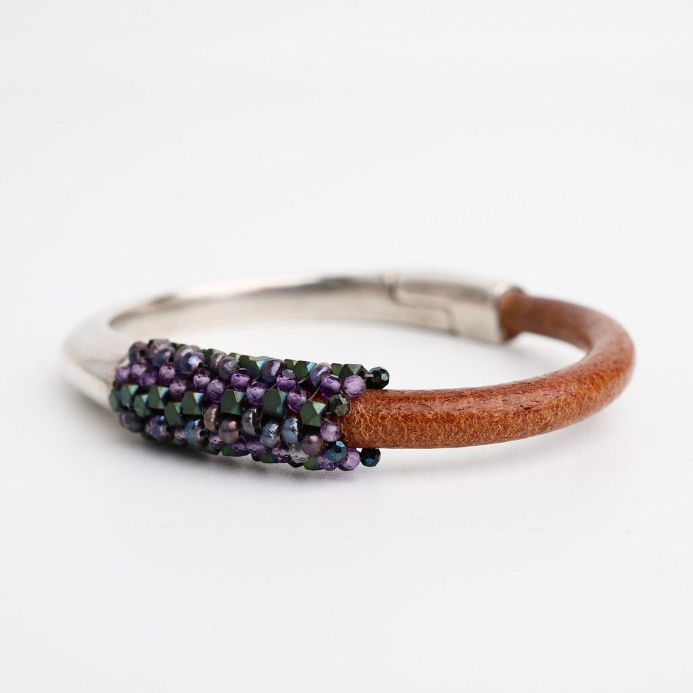 
                  
                    BRC-JM Hand Stitched Matte Green Hematite, Amethyst, Mystic Topaz & Lavender Pearls on 1/2 Cuff Bracelet
                  
                