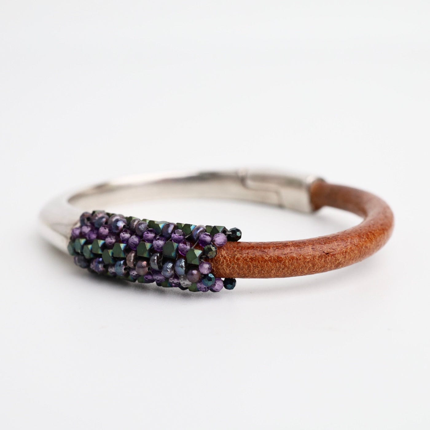 BRC-JM Hand Stitched Matte Green Hematite, Amethyst, Mystic Topaz & Lavender Pearls on 1/2 Cuff Bracelet