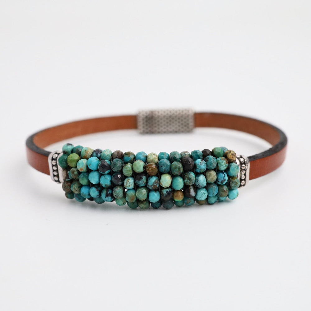 BRC-JM Hand Stitched Mix of Turquoise Faceted Beads Leather Bracelet