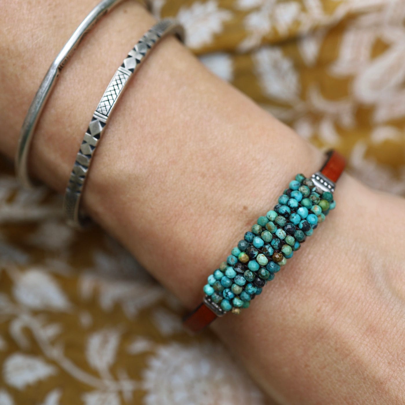 BRC-JM Hand Stitched Mix of Turquoise Faceted Beads Leather Bracelet