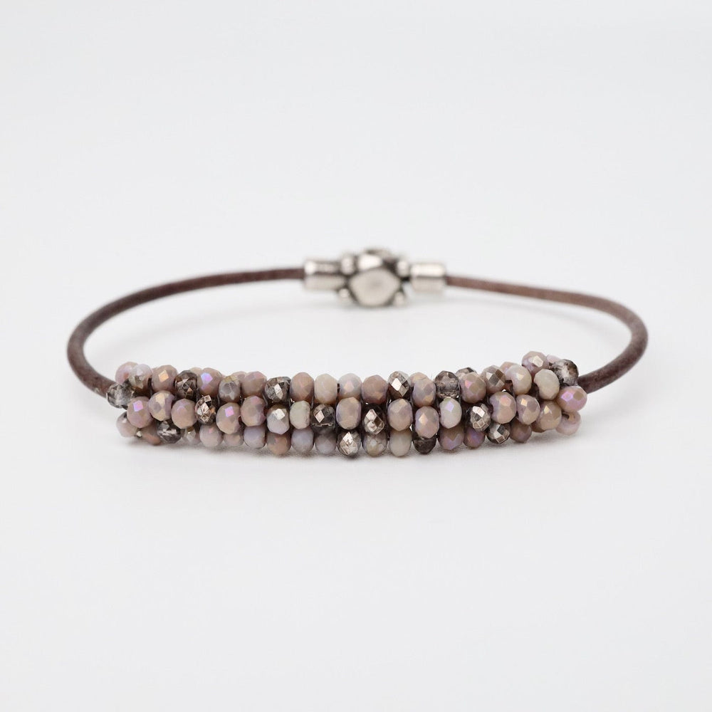 
                  
                    BRC-JM Hand Stitched Mix Pink & Pyrite Color Crystal Leather Bracelet
                  
                