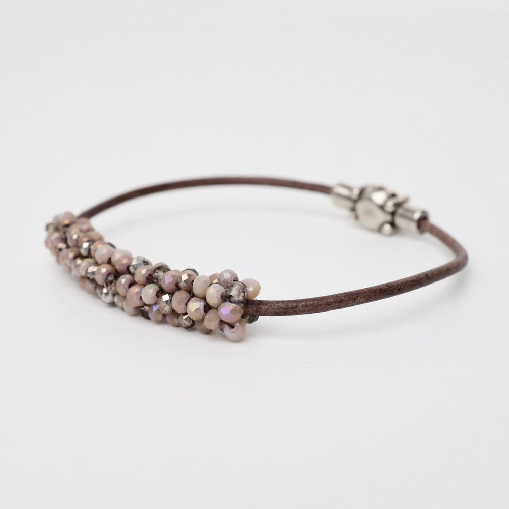 
                  
                    BRC-JM Hand Stitched Mix Pink & Pyrite Color Crystal Leather Bracelet
                  
                