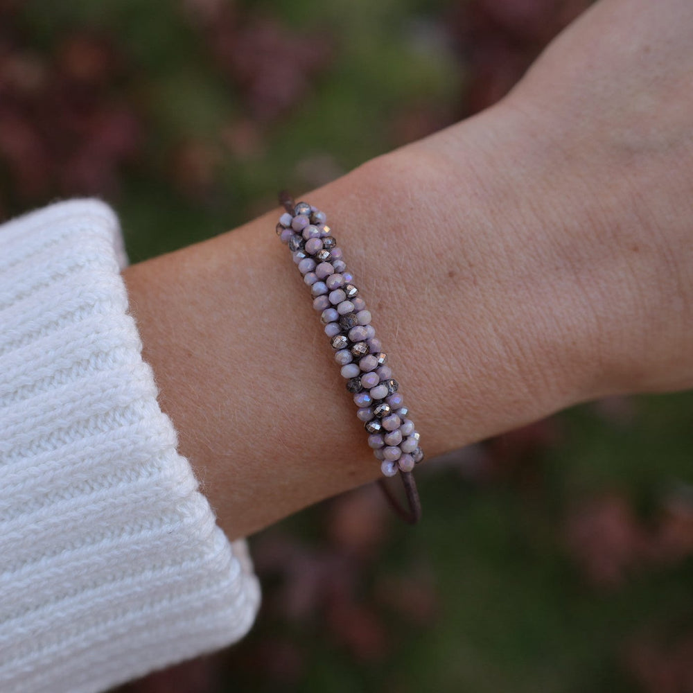 
                  
                    BRC-JM Hand Stitched Mix Pink & Pyrite Color Crystal Leather Bracelet
                  
                