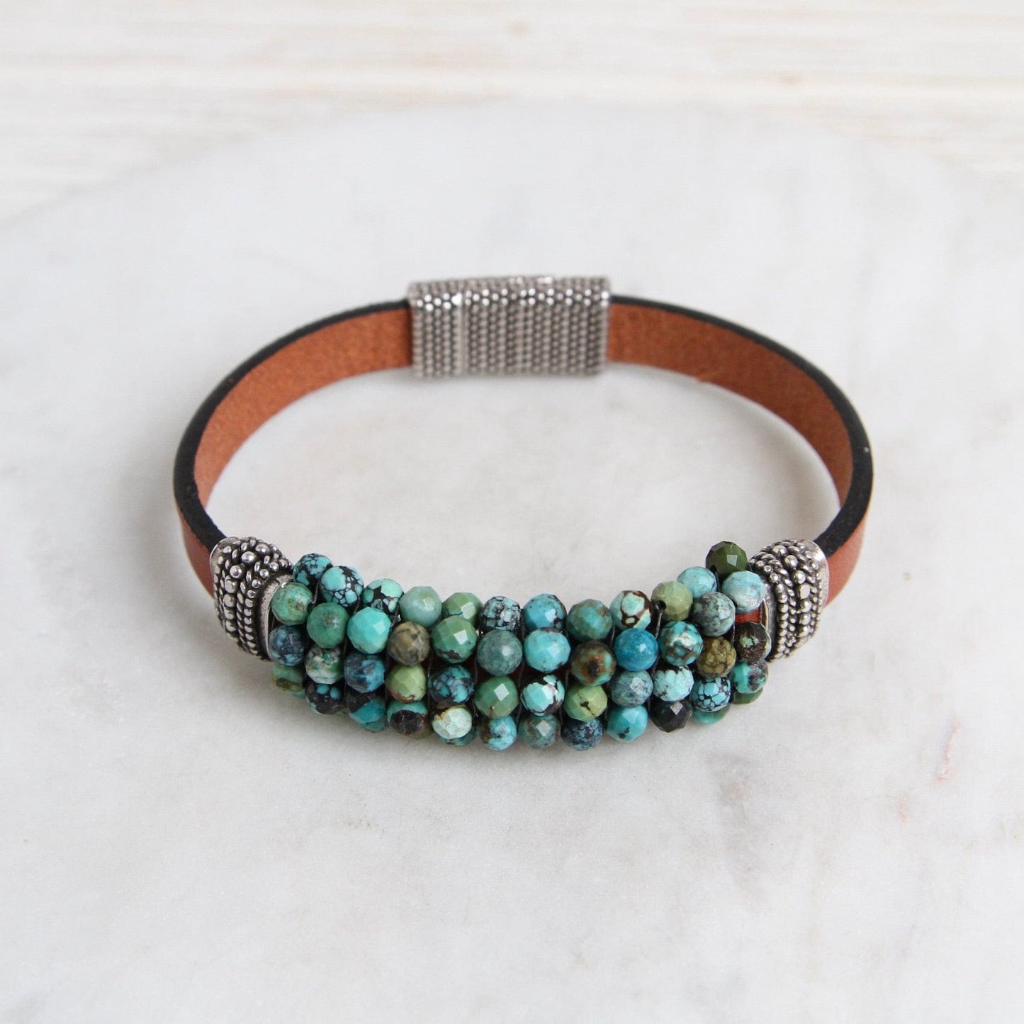 BRC-JM Hand Stitched Mixed Color Turquoise & Metal Slider Trim Bracelet