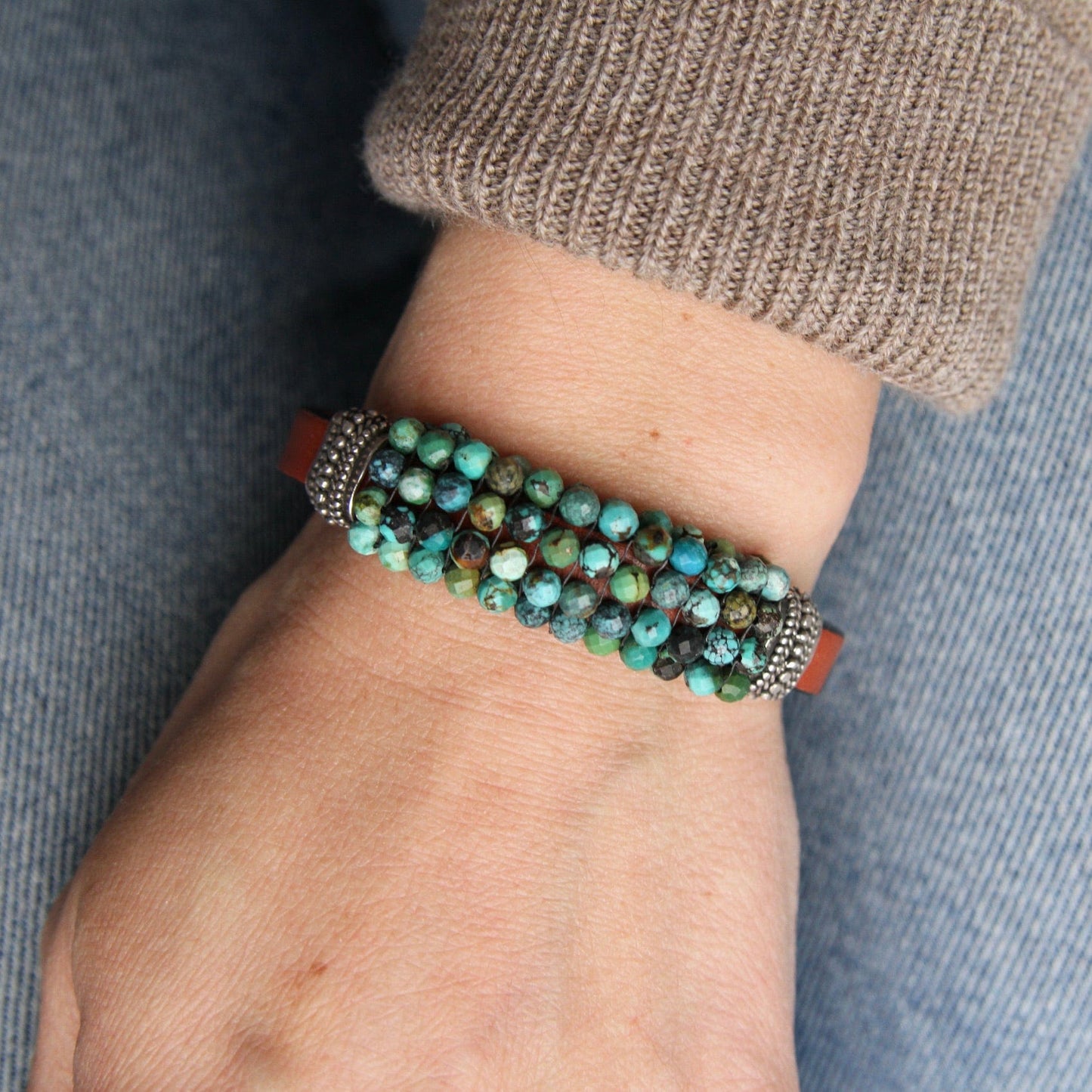 BRC-JM Hand Stitched Mixed Color Turquoise & Metal Slider Trim Bracelet