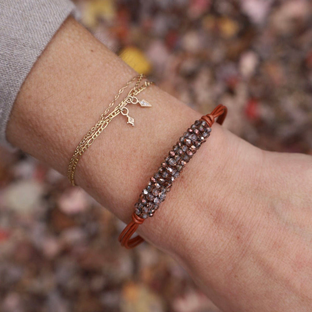 BRC-JM Hand Stitched Mixed Copper Crystals on Hand Tied Copper Leather Bracelet