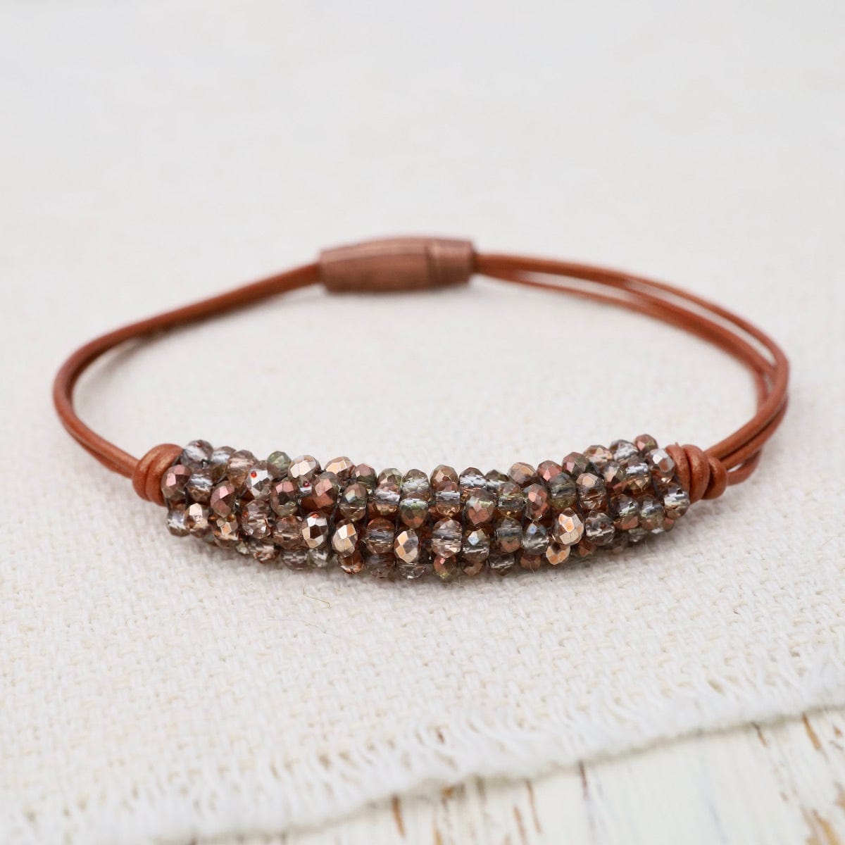 BRC-JM Hand Stitched Mixed Copper Crystals on Hand Tied Copper Leather Bracelet