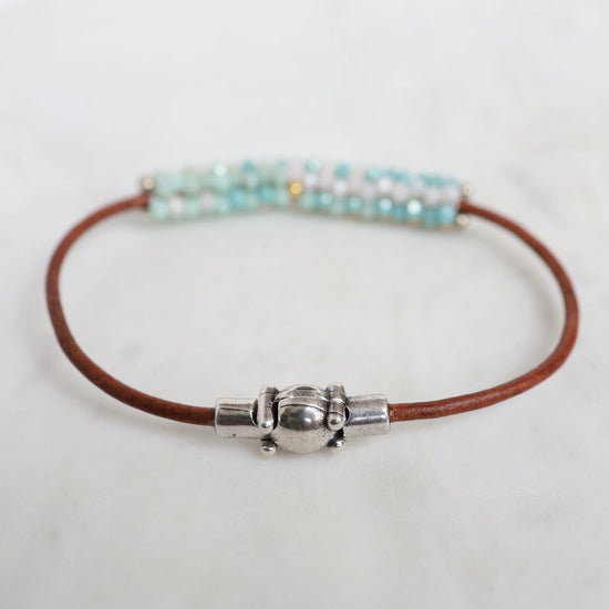 BRC-JM Hand Stitched Mixed Crystals in Aqua, Mint & Pale Pink on Brown Leather Bracelet