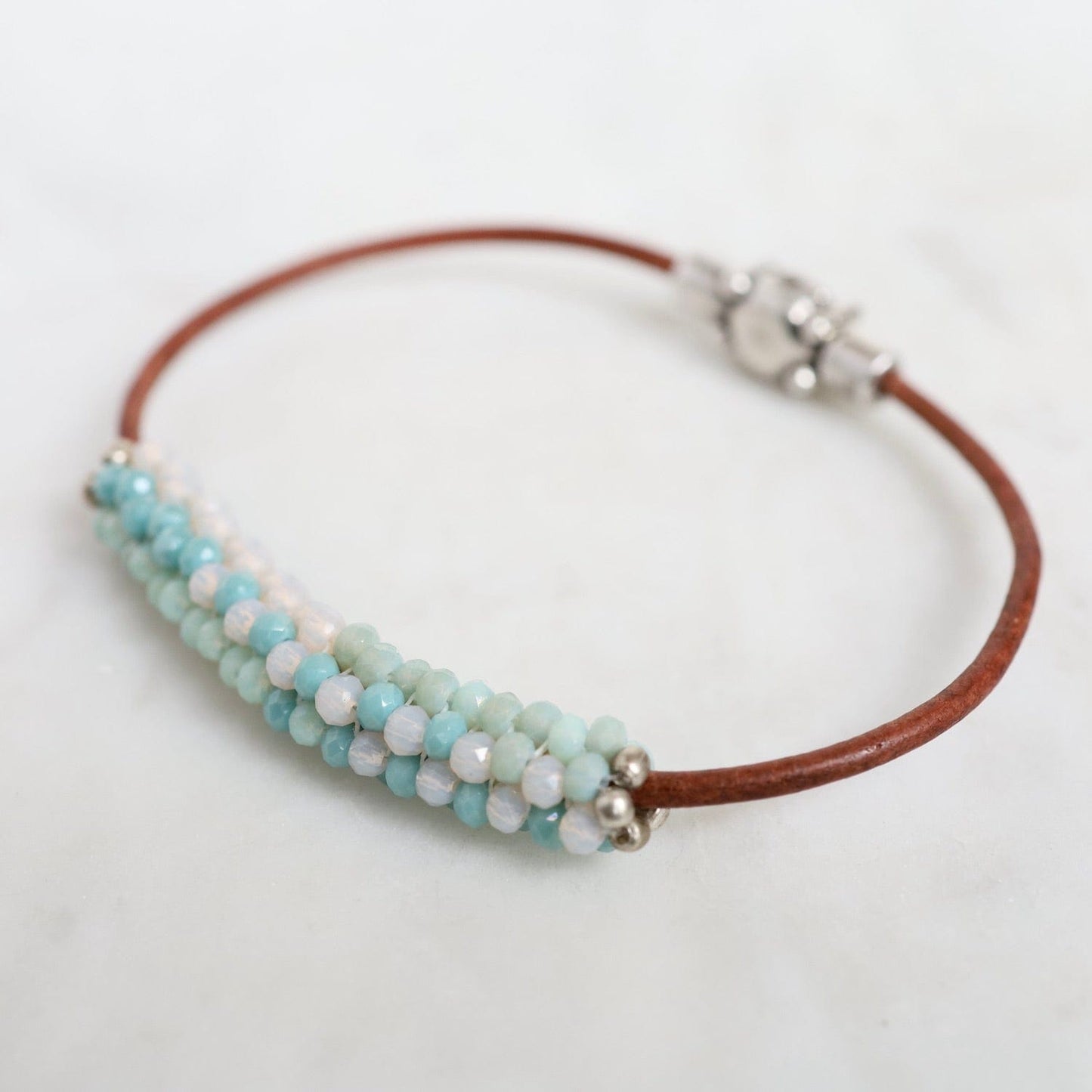BRC-JM Hand Stitched Mixed Crystals in Aqua, Mint & Pale Pink on Brown Leather Bracelet