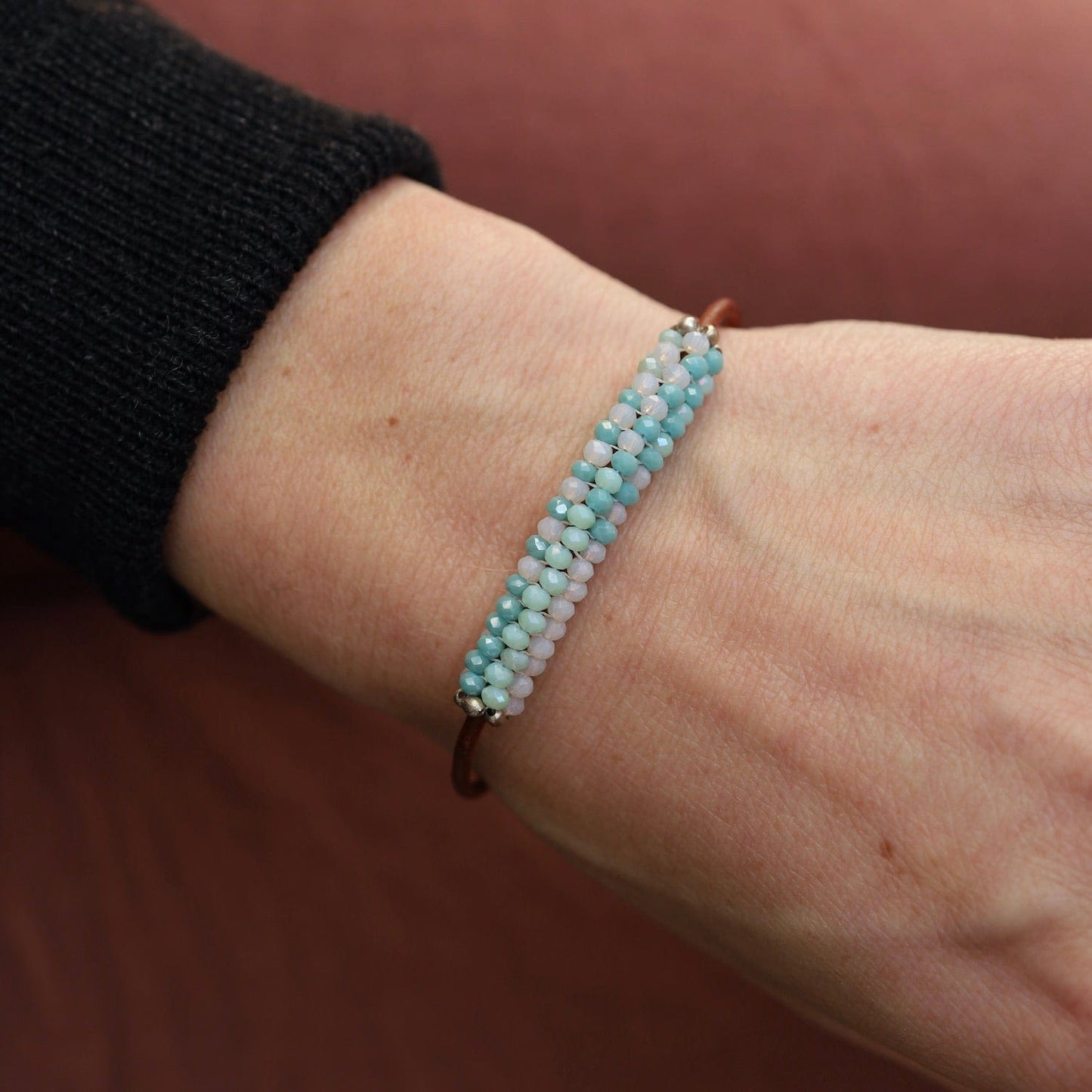 BRC-JM Hand Stitched Mixed Crystals in Aqua, Mint & Pale Pink on Brown Leather Bracelet