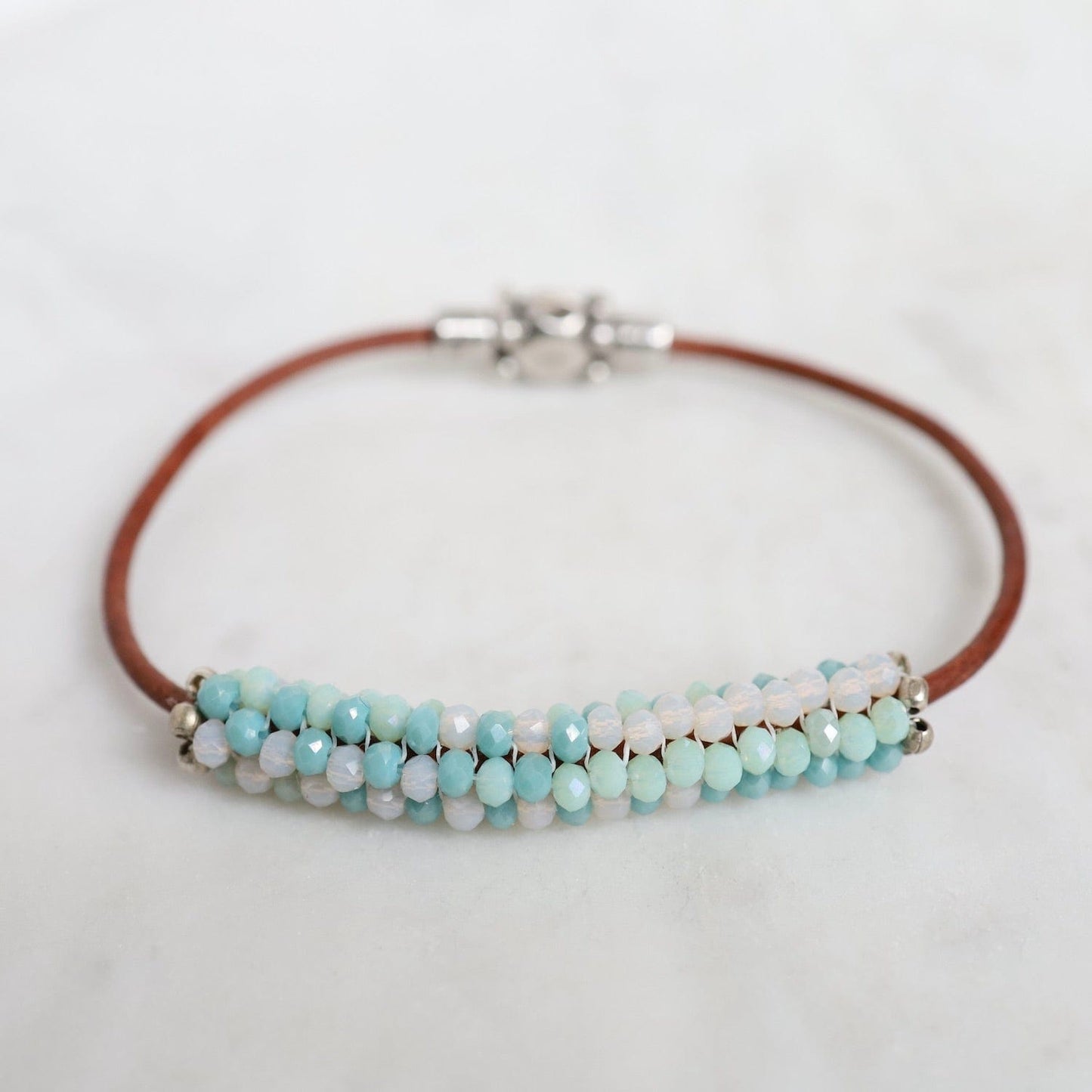 BRC-JM Hand Stitched Mixed Crystals in Aqua, Mint & Pale Pink on Brown Leather Bracelet