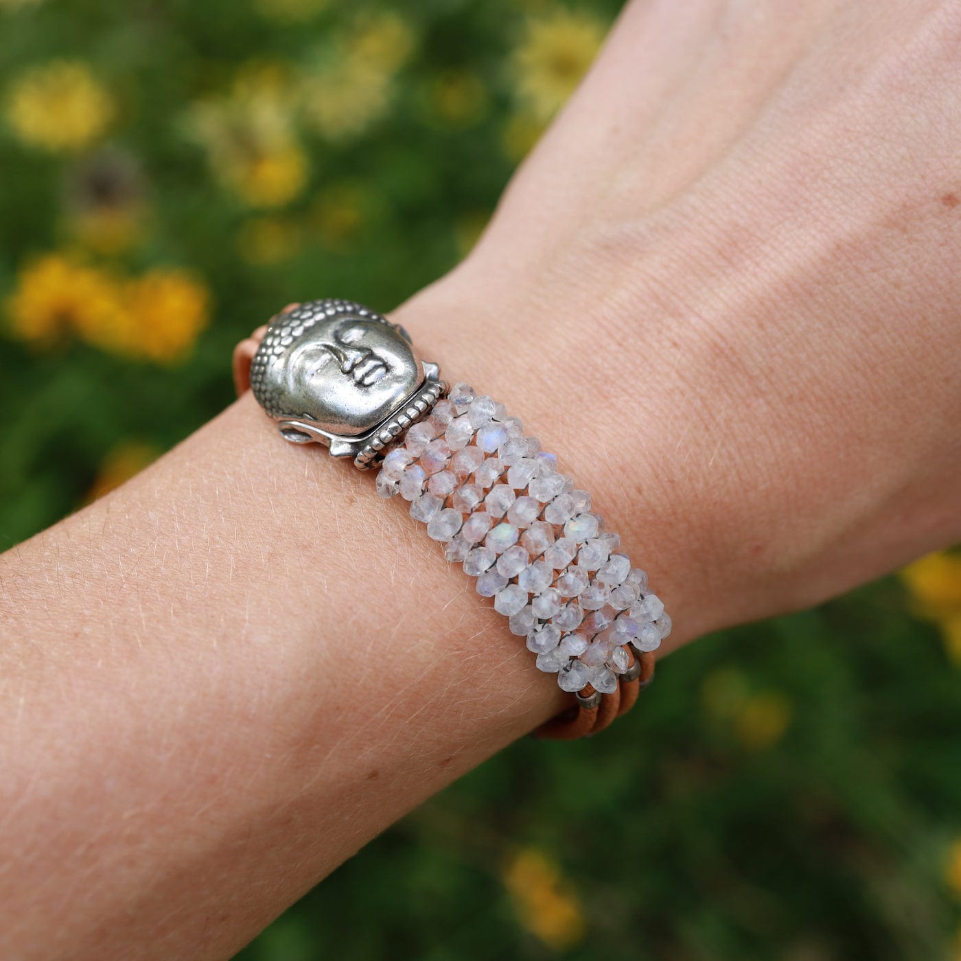 BRC-JM Hand Stitched Moonstone Buddha Clasp Bracelet