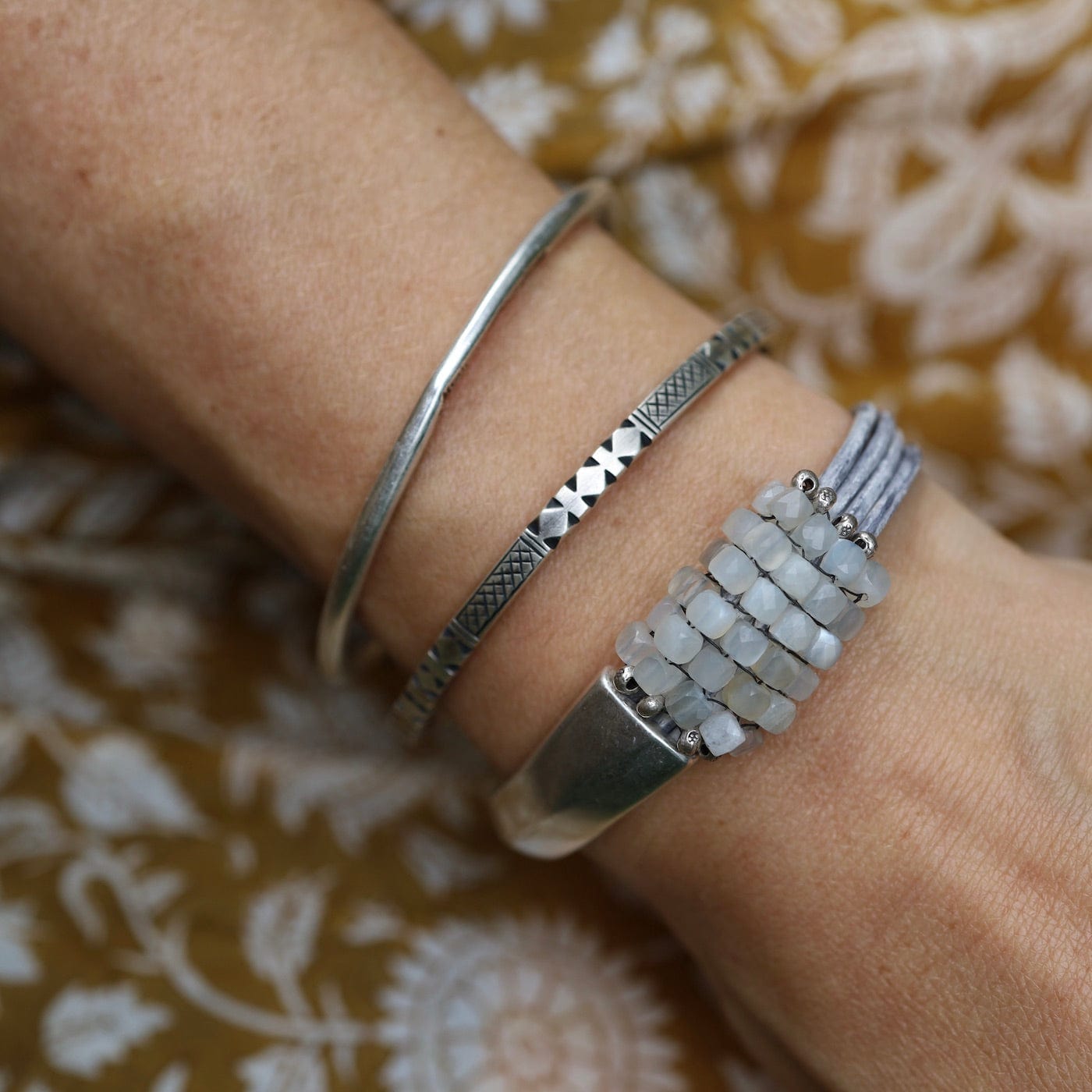 BRC-JM Hand Stitched Moonstone Cubes Half Cuff Bracelet