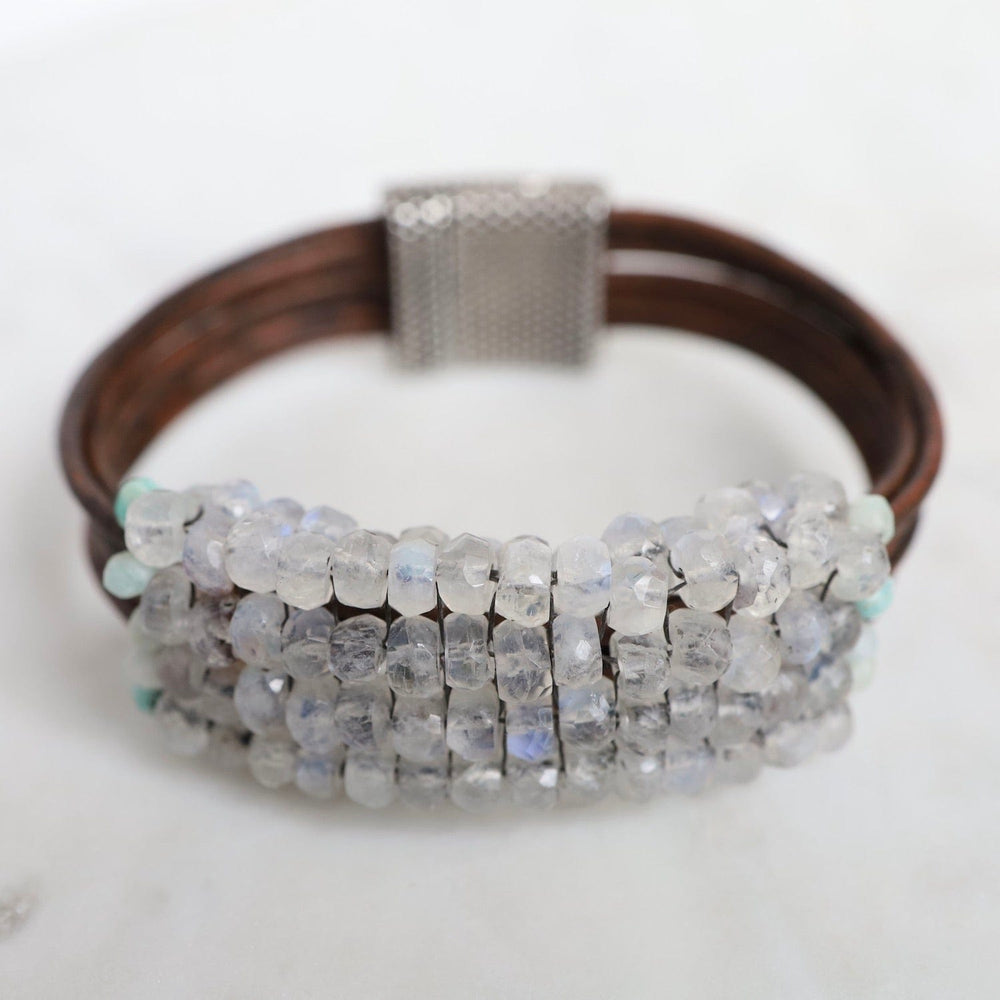 BRC-JM Hand Stitched Moonstone with Peruvian Opal Trim on Leather Bracelet