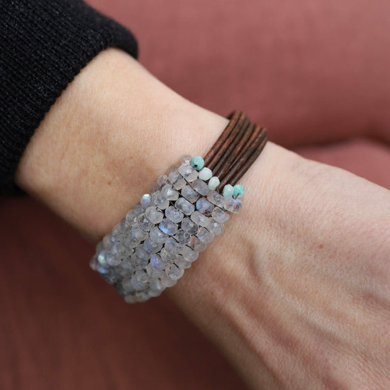 BRC-JM Hand Stitched Moonstone with Peruvian Opal Trim on Leather Bracelet