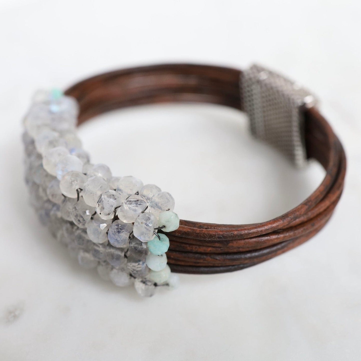 BRC-JM Hand Stitched Moonstone with Peruvian Opal Trim on Leather Bracelet
