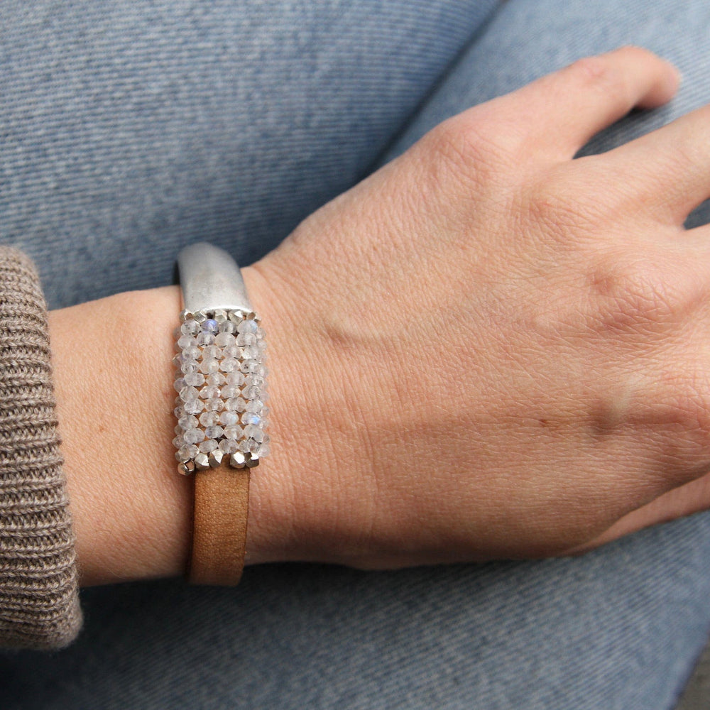 BRC-JM Hand Stitched Moonstone with Sterling Silver Trim 1/2 Cuff Bracelet