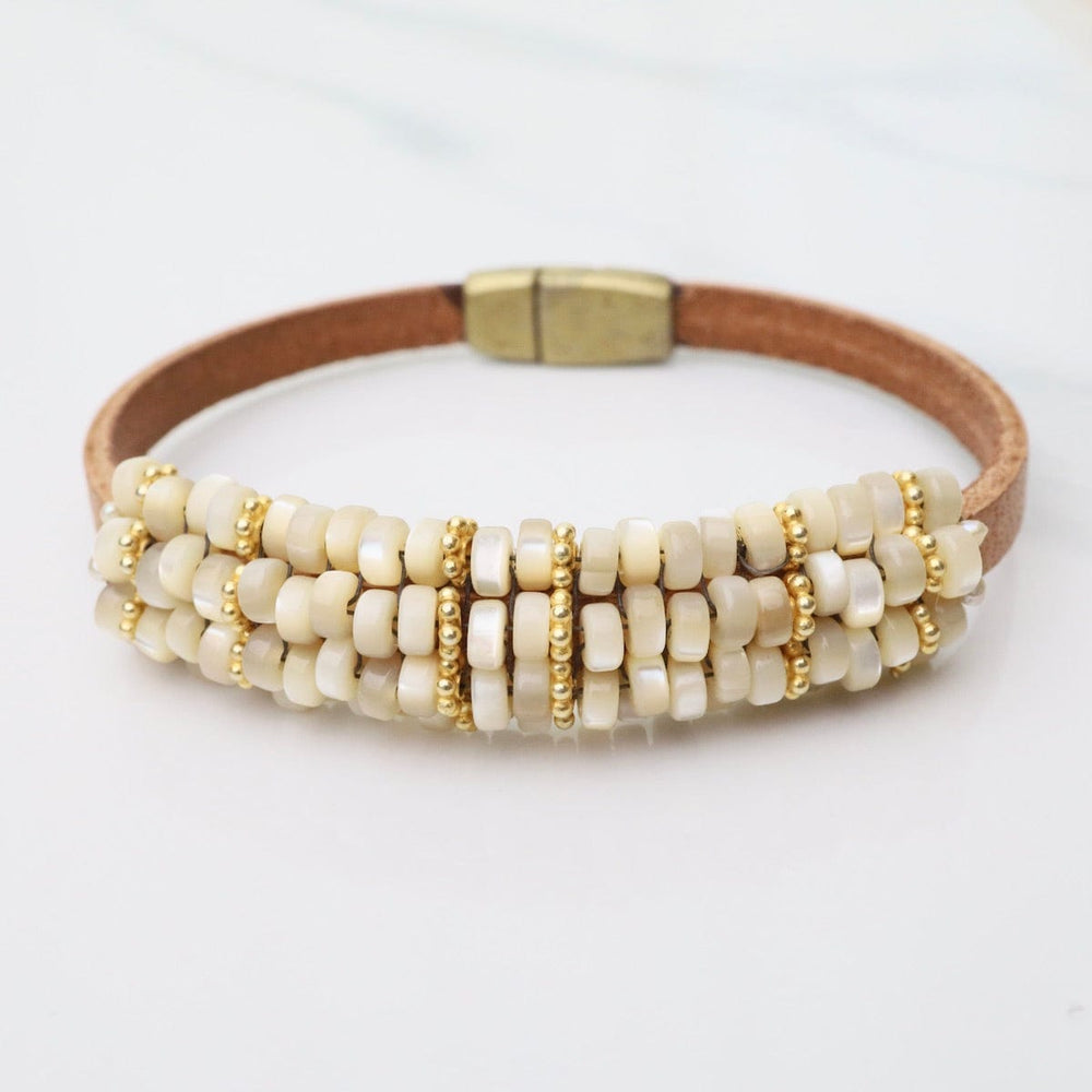 BRC-JM Hand Stitched Mother of Pearl, Vermeil, & Leather Bracelet