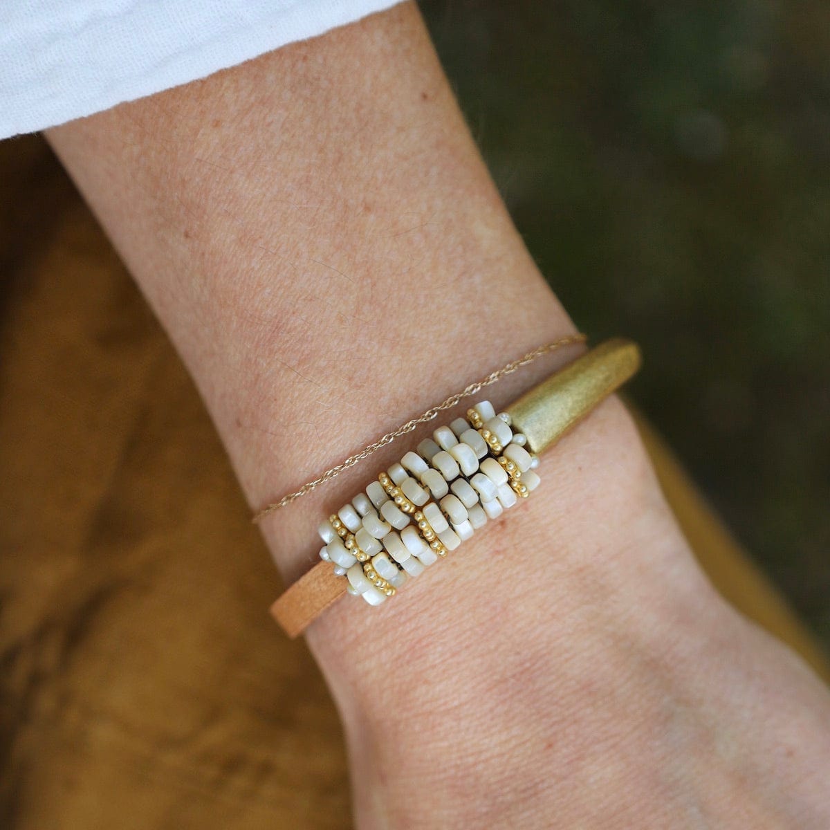 BRC-JM Hand Stitched Mother of Pearl, Vermeil, & Leather Bracelet