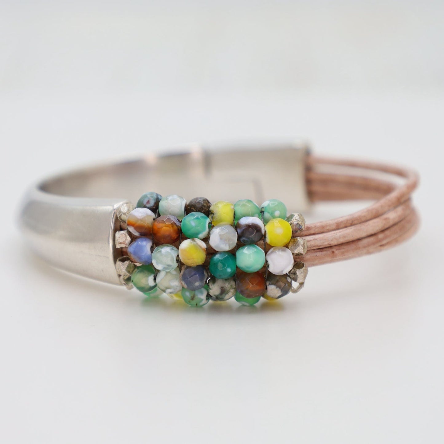 BRC-JM Hand Stitched Multi Color Crackled Quartz Half Cuff Bracelet