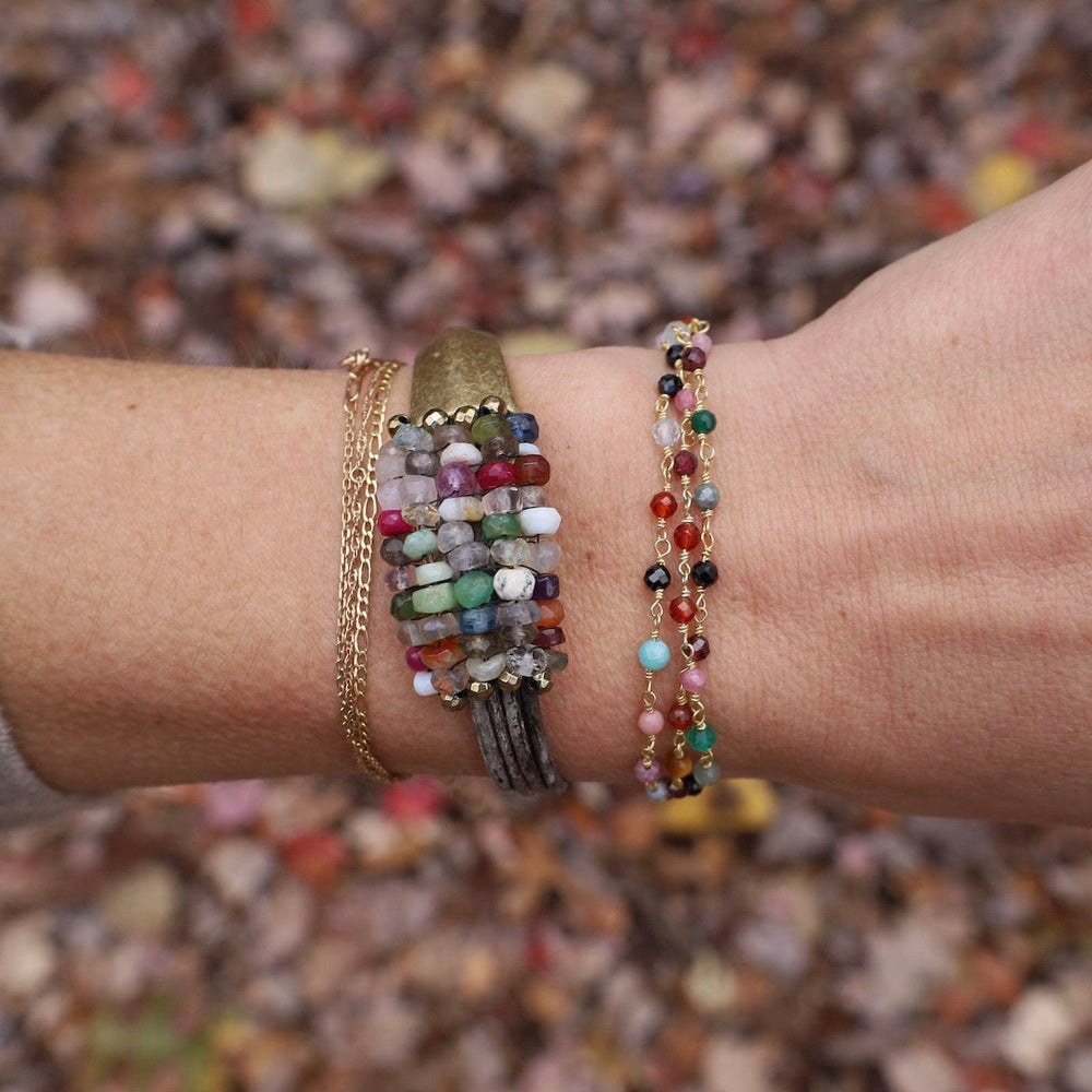 
                  
                    BRC-JM Hand Stitched Multi Color Gemstones with Gold Pyrite Trim Bracelet
                  
                