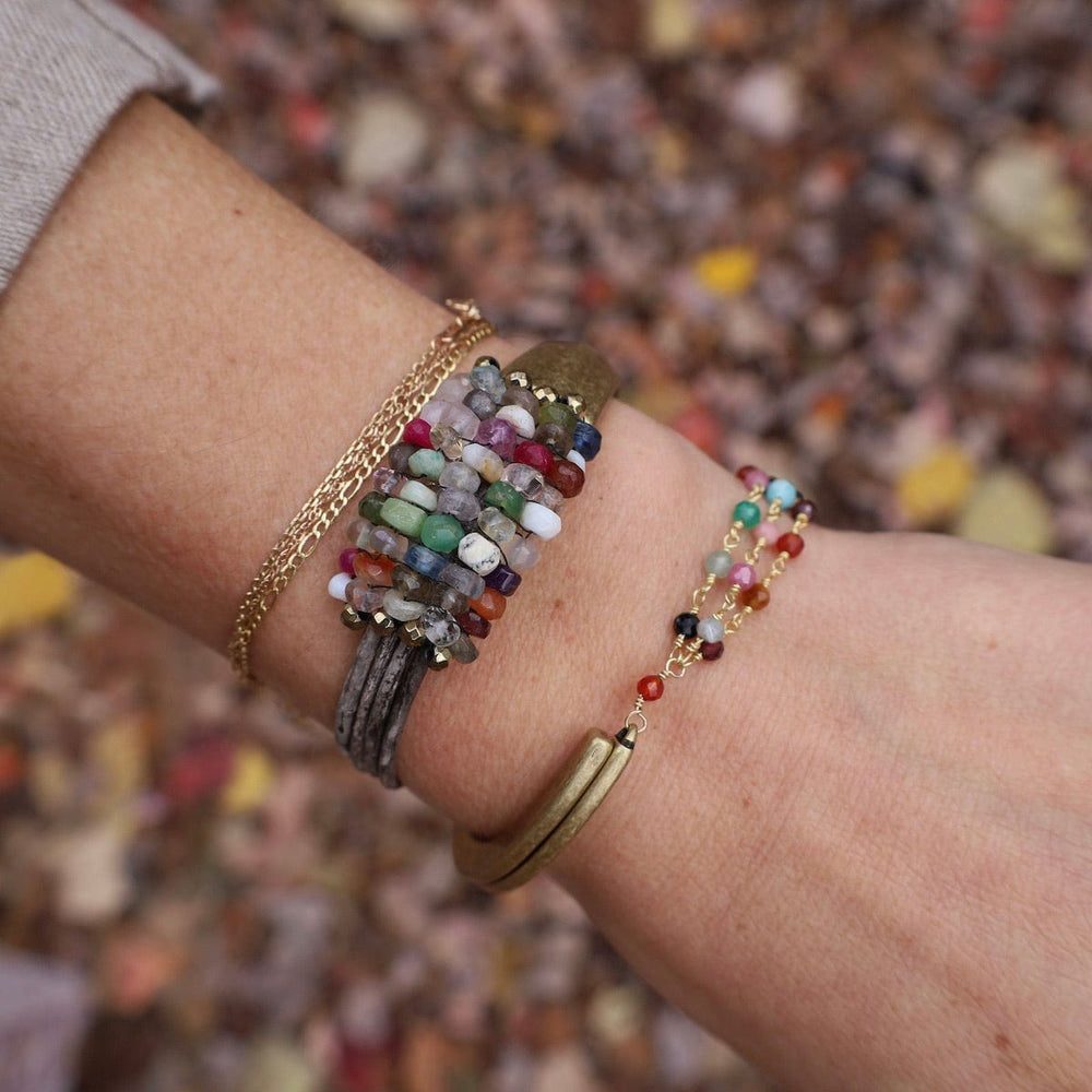 
                  
                    BRC-JM Hand Stitched Multi Color Gemstones with Gold Pyrite Trim Bracelet
                  
                