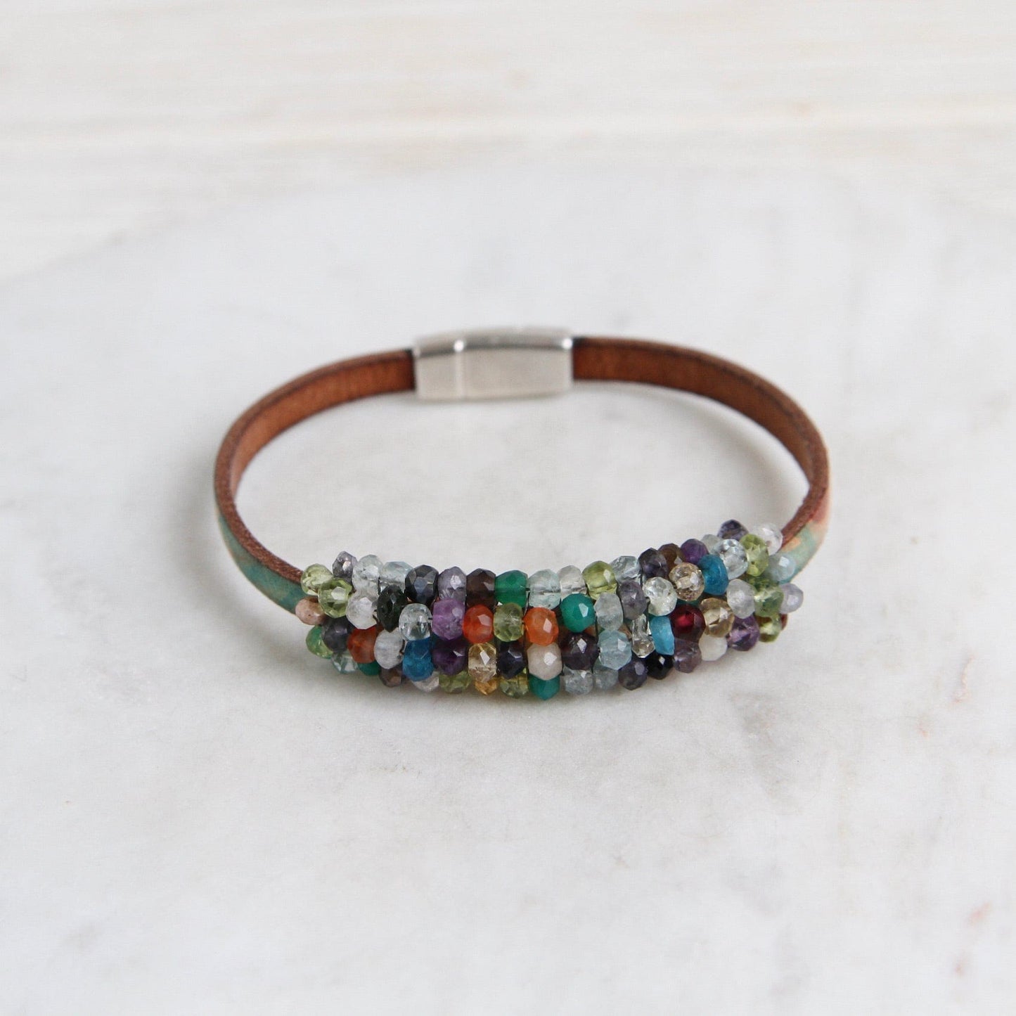 BRC-JM Hand Stitched Multi Gem Stones on Printed Leather Bracelet