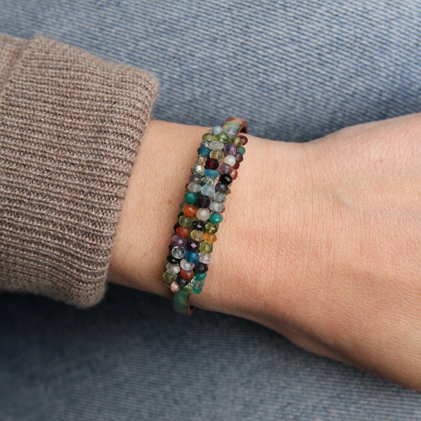 BRC-JM Hand Stitched Multi Gem Stones on Printed Leather Bracelet