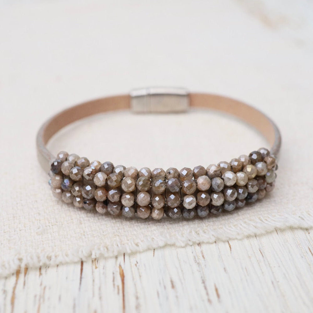 BRC-JM Hand Stitched Mystic Brown Labradorite & Champagne Leather Bracelet