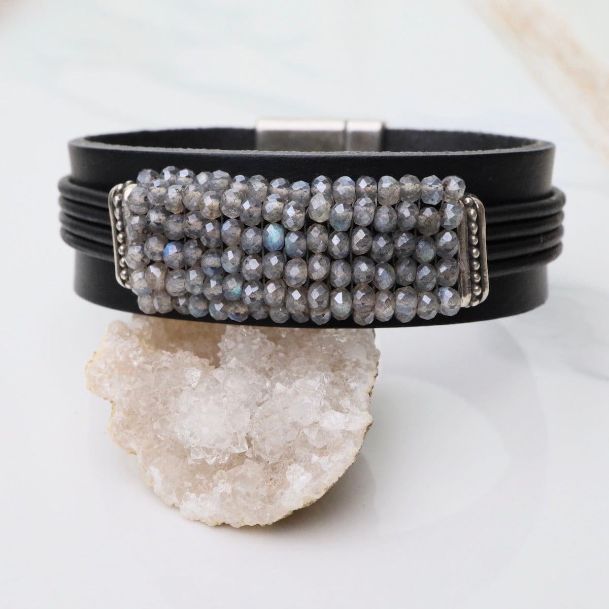 BRC-JM Hand Stitched Mystic Labradorite & Black Leather Bracelet