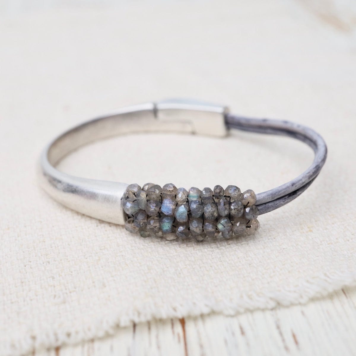 BRC-JM Hand Stitched Mystic Labradorite Rondelle Kumar Leather Bracelet