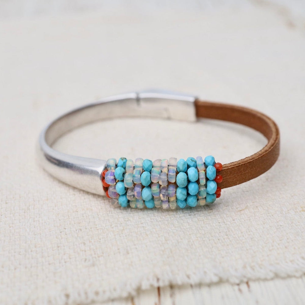 
                  
                    BRC-JM Hand Stitched Opal & Turquoise with Tiny Vintage Coral Leather Bracelet
                  
                