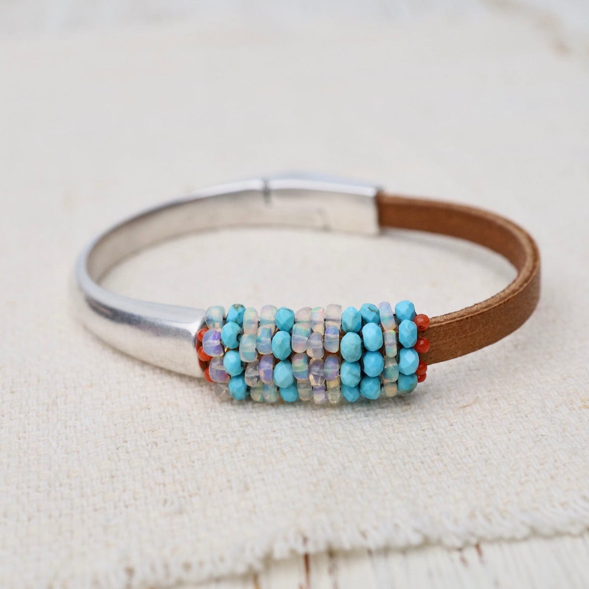 BRC-JM Hand Stitched Opal & Turquoise with Tiny Vintage Coral Leather Bracelet
