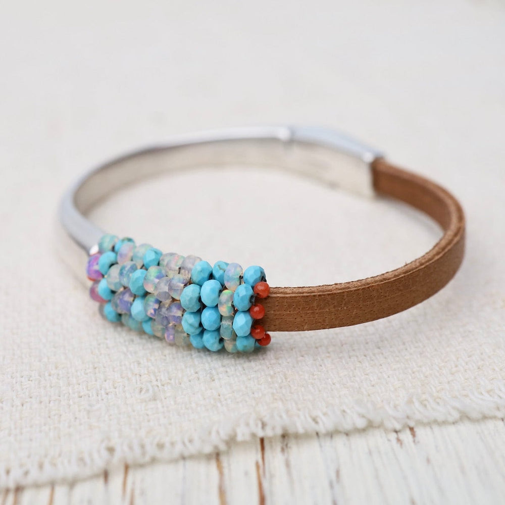 
                  
                    BRC-JM Hand Stitched Opal & Turquoise with Tiny Vintage Coral Leather Bracelet
                  
                