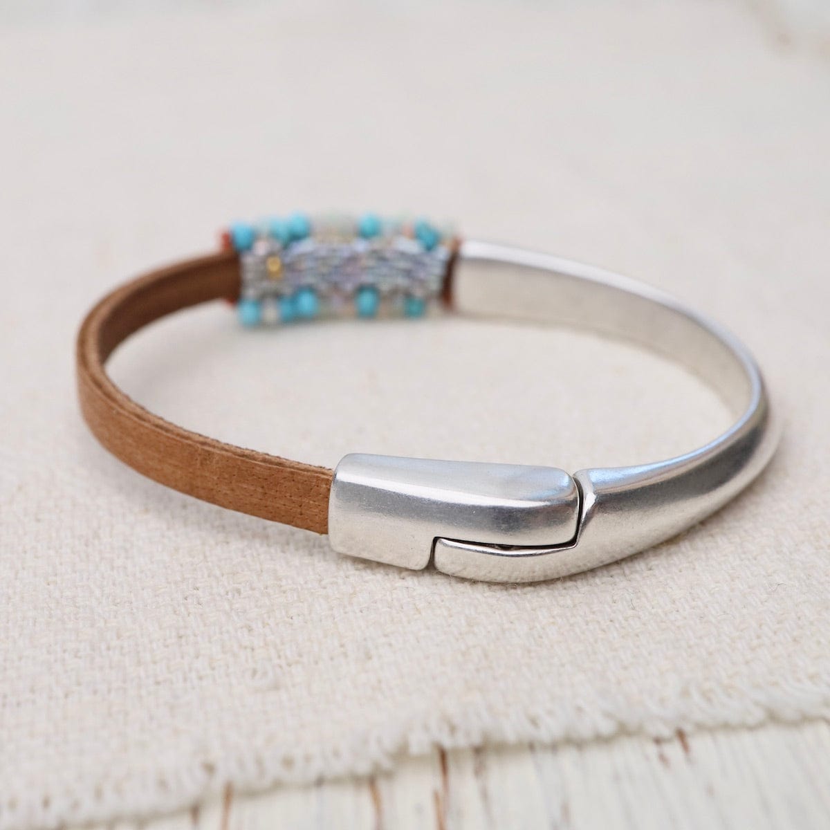 BRC-JM Hand Stitched Opal & Turquoise with Tiny Vintage Coral Leather Bracelet