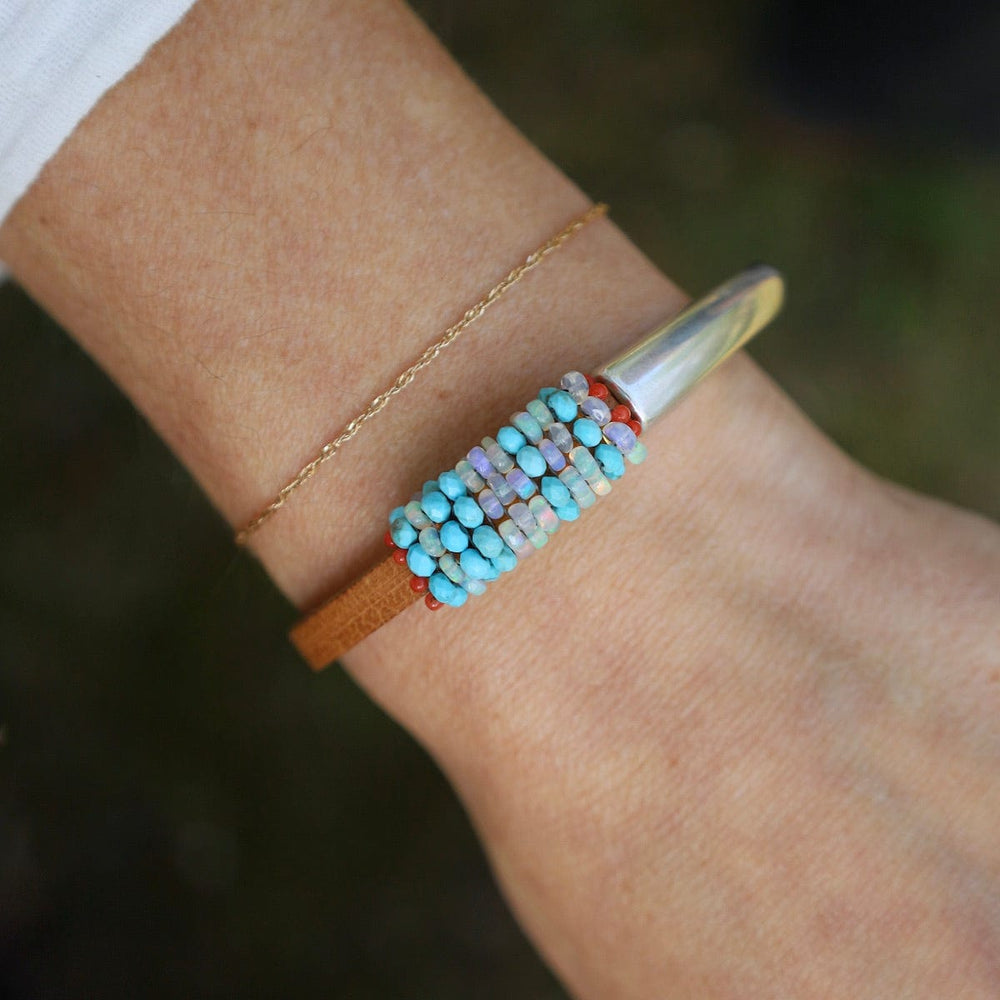 
                  
                    BRC-JM Hand Stitched Opal & Turquoise with Tiny Vintage Coral Leather Bracelet
                  
                