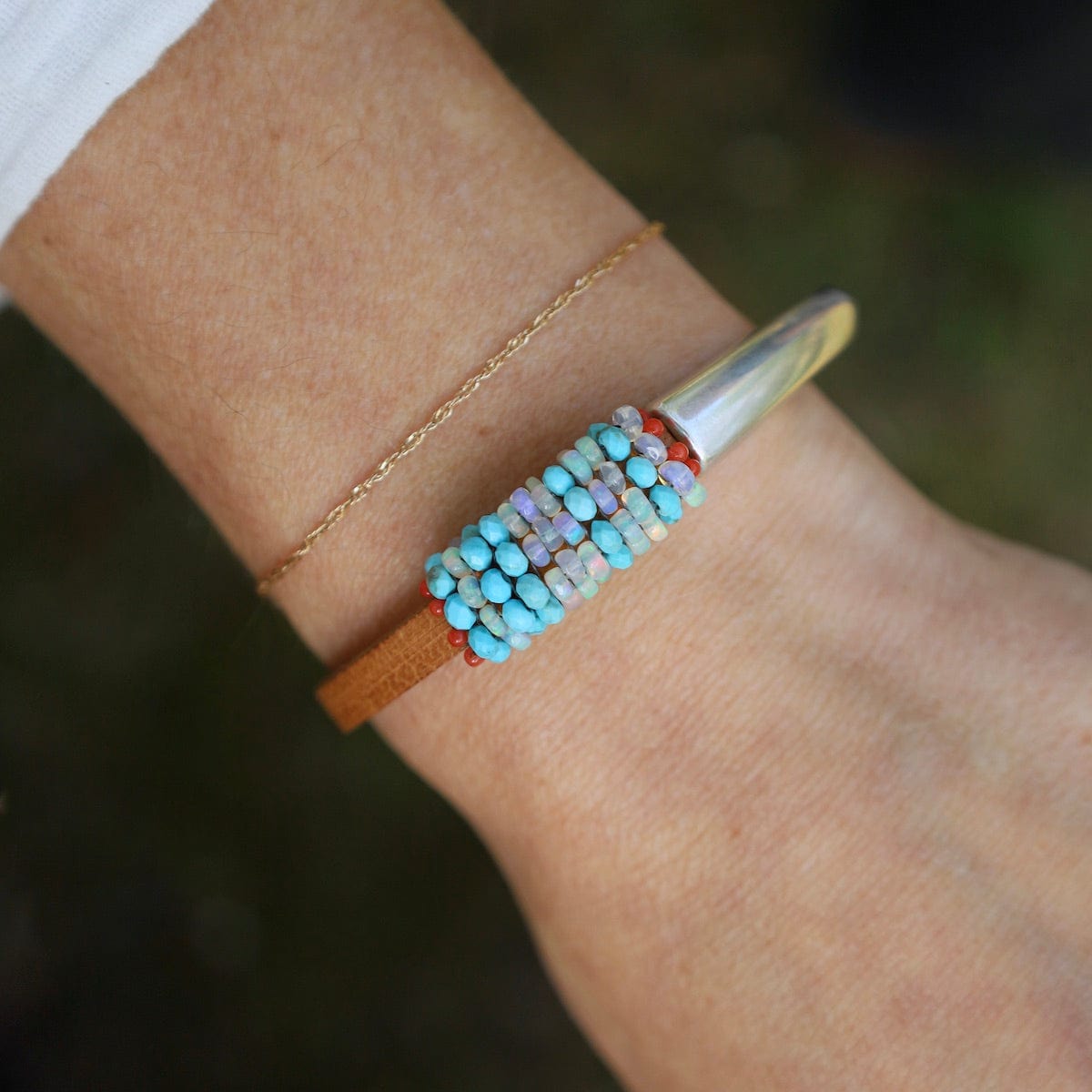 BRC-JM Hand Stitched Opal & Turquoise with Tiny Vintage Coral Leather Bracelet