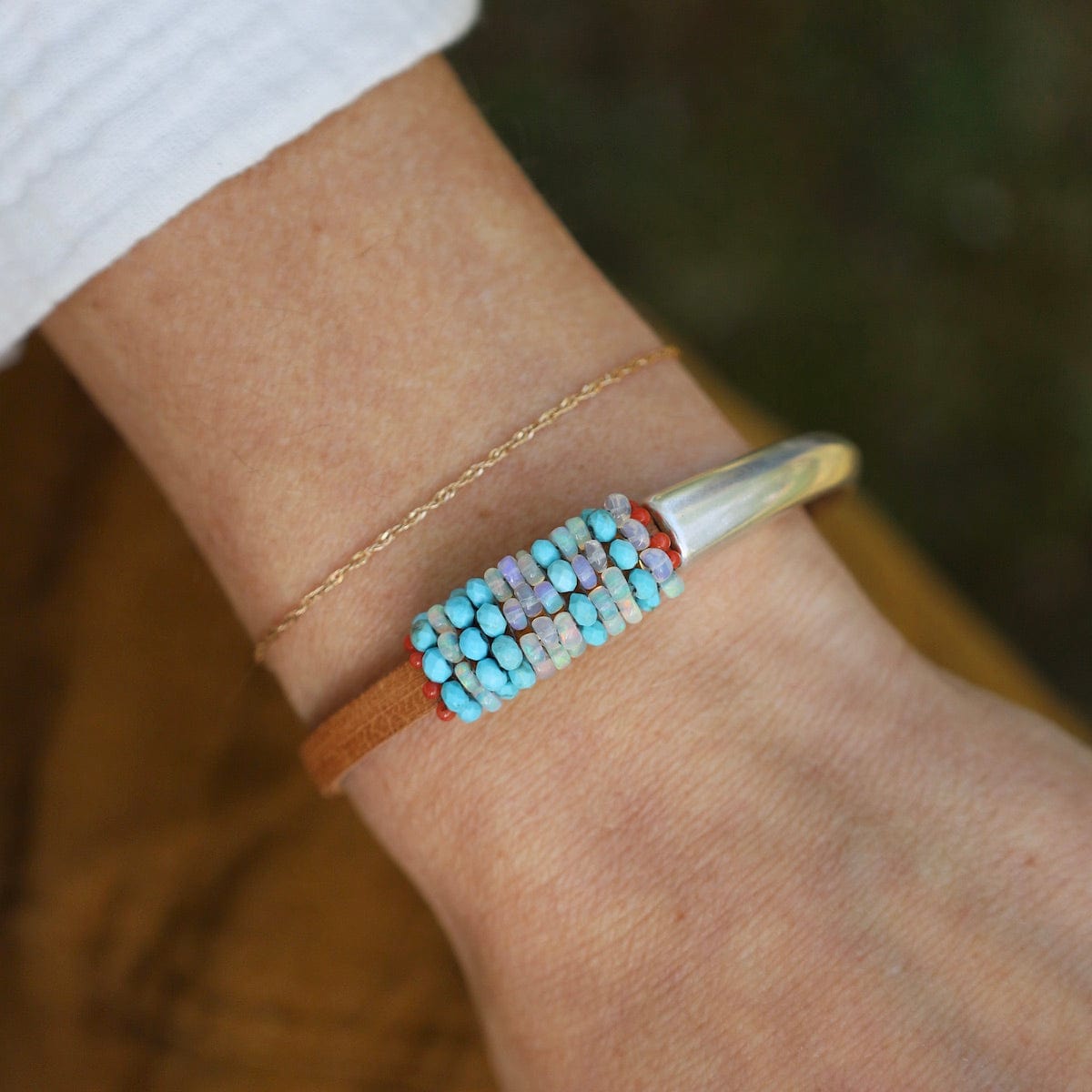 BRC-JM Hand Stitched Opal & Turquoise with Tiny Vintage Coral Leather Bracelet