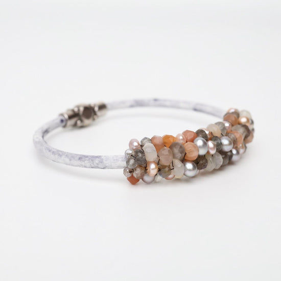 BRC-JM Hand Stitched Peach Moonstone, Grey & Peach Pearls Leather Bracelet