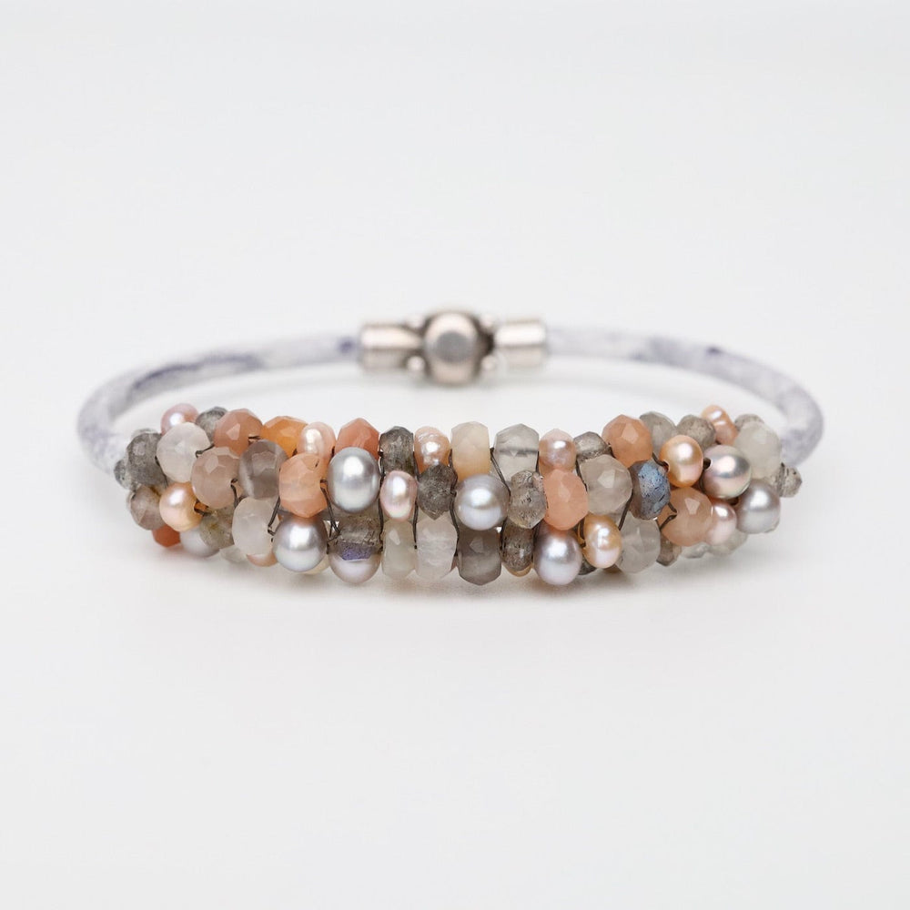 BRC-JM Hand Stitched Peach Moonstone, Grey & Peach Pearls Leather Bracelet