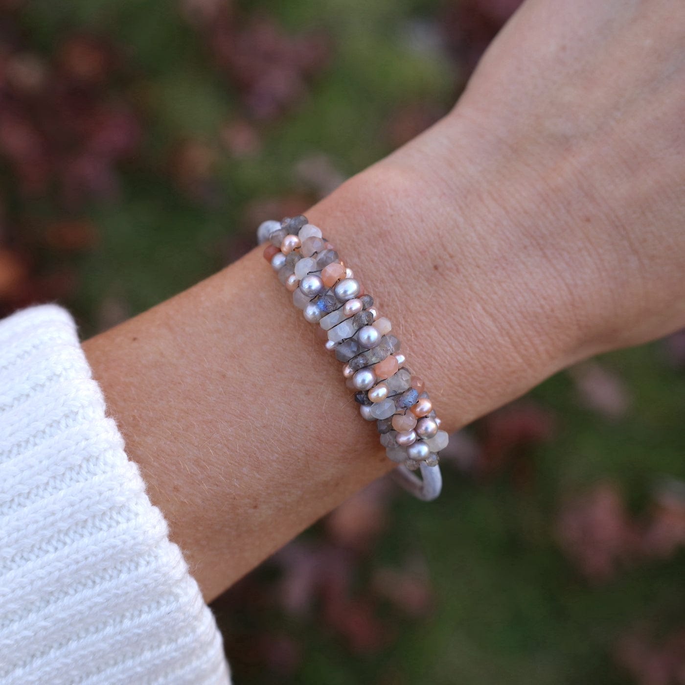 BRC-JM Hand Stitched Peach Moonstone, Grey & Peach Pearls Leather Bracelet