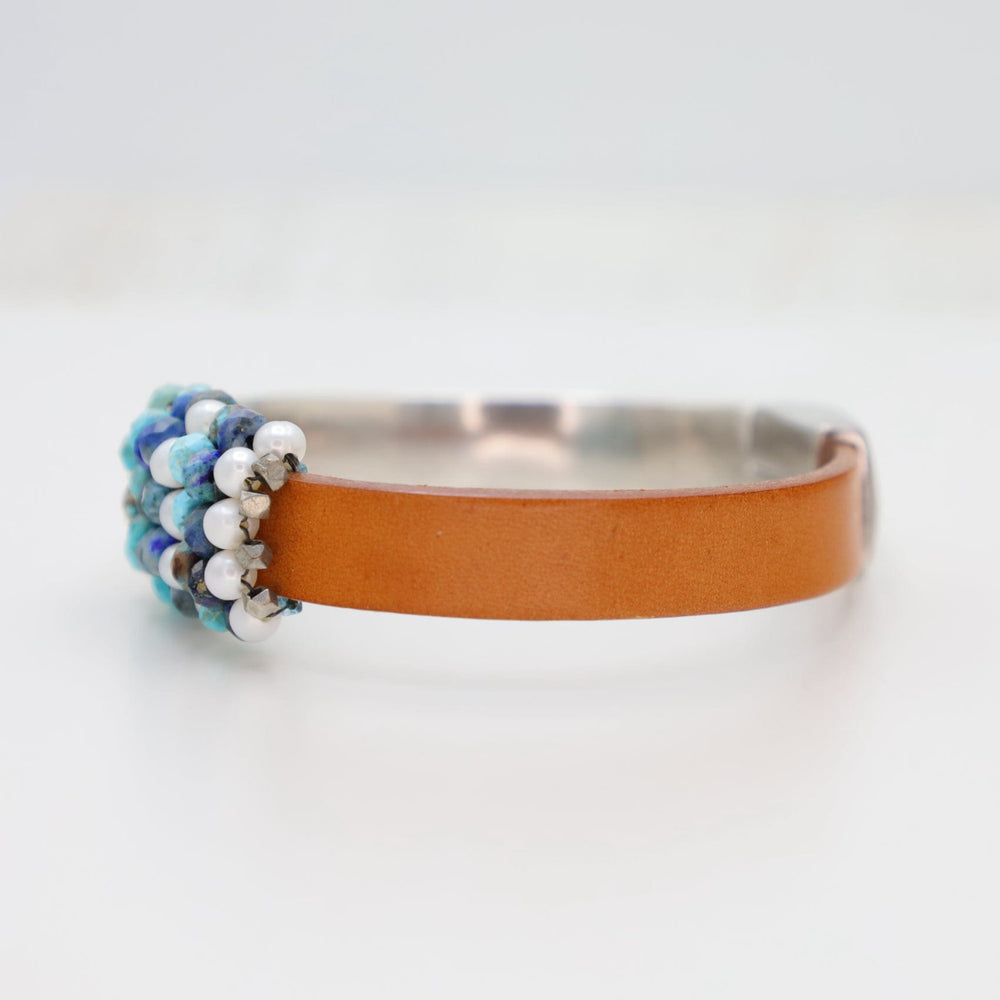 
                  
                    BRC-JM Hand Stitched Pearls, Jasper, Azurite, Metal Cubes 1/2 Cuff Bracelet
                  
                