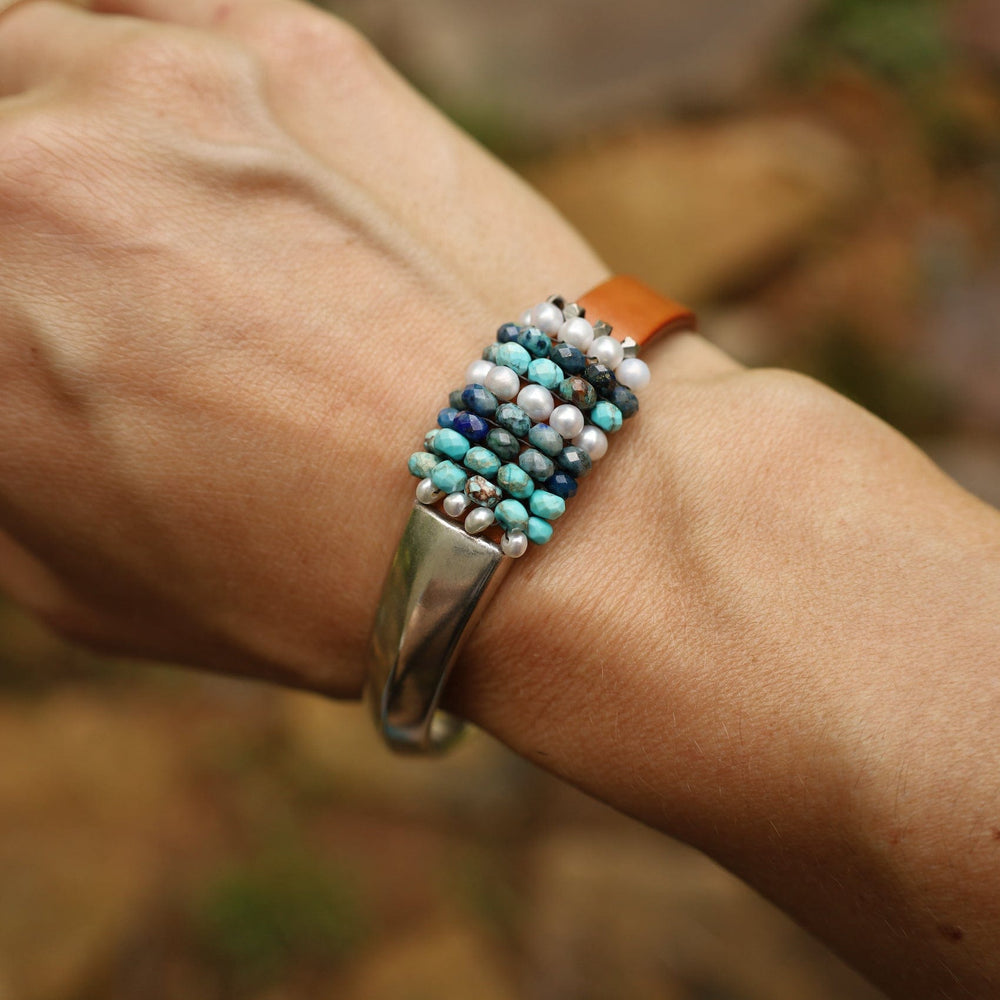 BRC-JM Hand Stitched Pearls, Jasper, Azurite, Metal Cubes 1/2 Cuff Bracelet