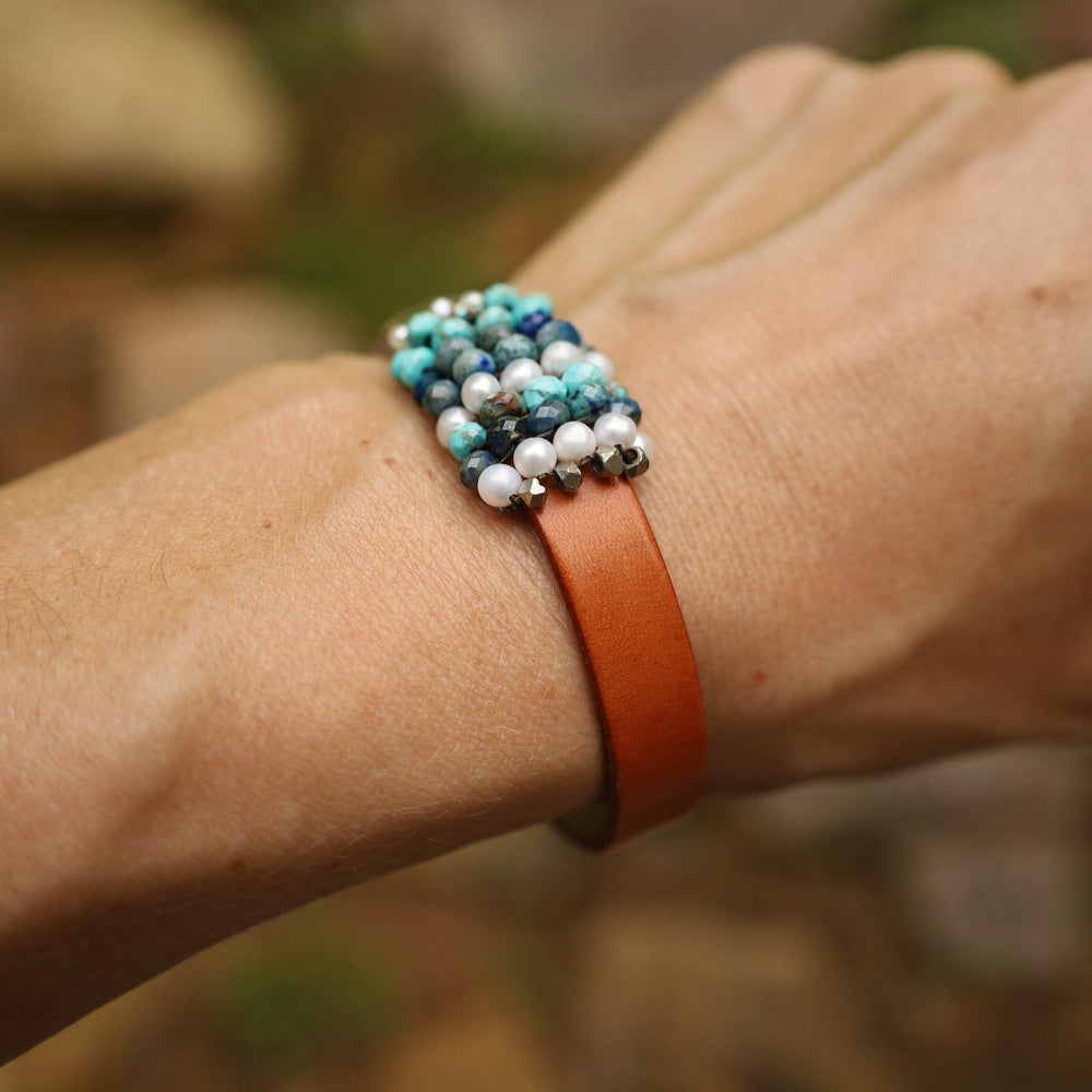 
                  
                    BRC-JM Hand Stitched Pearls, Jasper, Azurite, Metal Cubes 1/2 Cuff Bracelet
                  
                